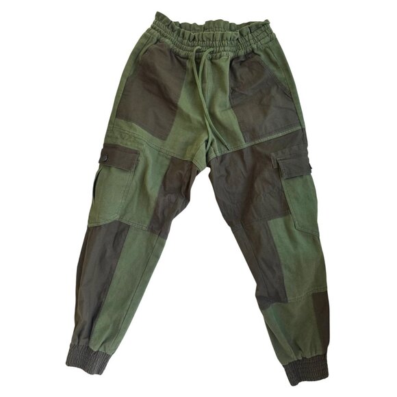 Alice + Olivia Classics Green Patchwork Cargo Pants L/G Cotton Jogger Army - Picture 1 of 6
